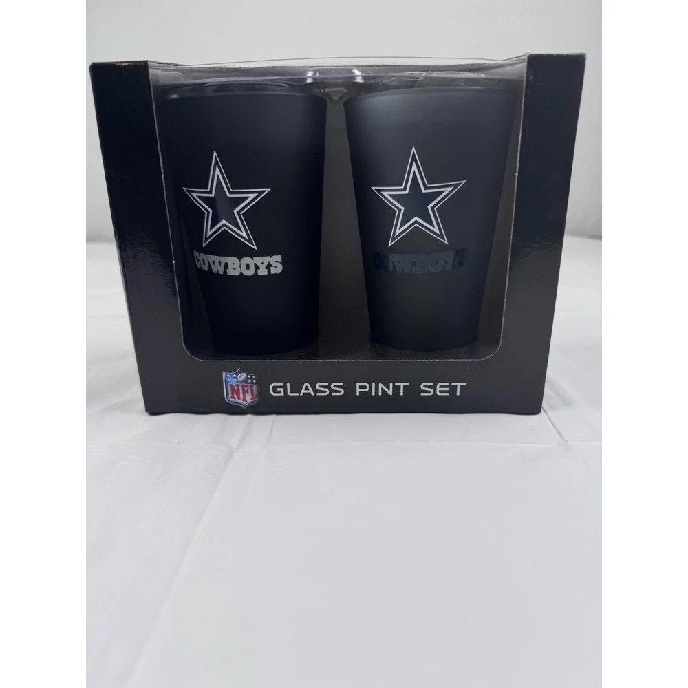 NFL Dallas Cowboys 16 oz Glass Pint Set 2 Pack Matte Black Star Logo New